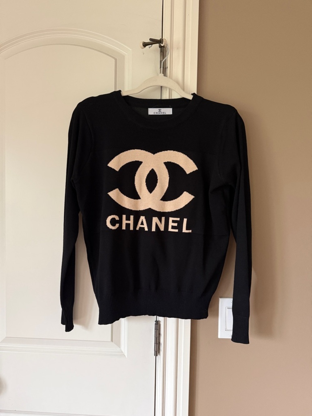 Black Crewneck Sweater with Beige Logo